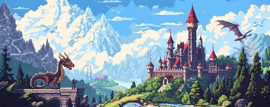 A pixel art image of a castle with a dragon flying above it. The castle is surrounded by mountains and trees, with a river running through the valley below.