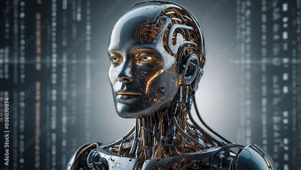 Poster shiny robot android artificial intelligence with wires inside on gray digital background