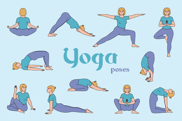 Girls perform yoga poses and exercises for health and relaxation. International Yoga Day icons with text Yoga Poses. Vector illustration isolated on blue background.