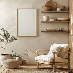 A living room with a large wooden frame on the wall, a comfortable armchair