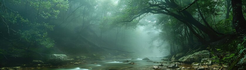 Describe the sensation of walking through a veil of water mist in a dense forest
