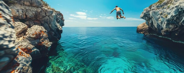 Describe the thrill of jumping off a cliff into a deep, clear pool below