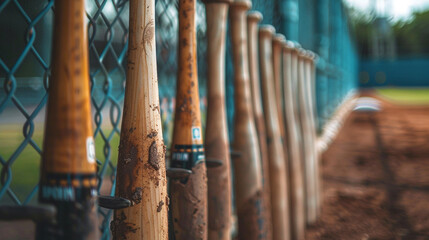 A row of baseball bats lined up against the dugout fence of a baseball diamond, with players stretching and warming up before a thrilling game of America's favorite pastime.
