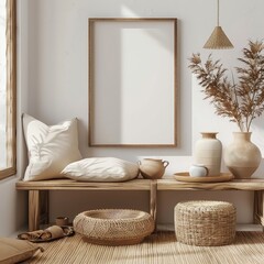 A living room with a large empty frame on the wall Japandi style Interior Background