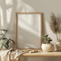 A blank wooden frame mock up on a wooden table in Japandi style Interior Background