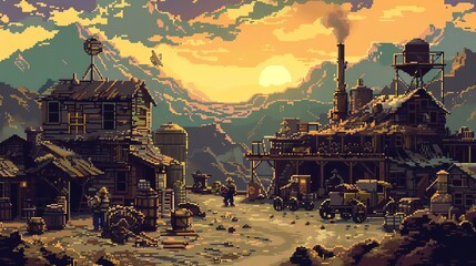 A pixel art image of a western town. The sun is setting over the mountains in the background. There are a few people walking around and a couple of horses tied up to a post.