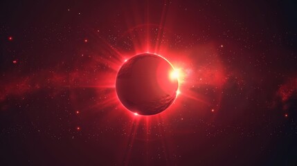 Fototapeta premium The glowing epic red sun with light in space dazzles on the futuristic space banner, symbolizing energy and power, Sharpen banner template with copy space on center