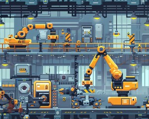 Create a pixel art image of a factory interior
