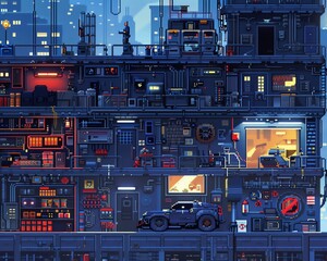 A pixel art image of a city at night. The city is full of tall buildings, neon lights, and flying cars. There is a car on the lower level and a person on the upper level.