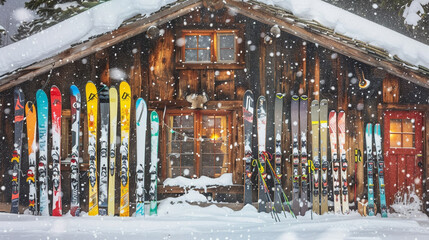 A colorful array of downhill ski equipment lined up outside a cozy alpine chalet, with skiers gearing up for a day of carving fresh tracks down powdery slopes  roaring fire.