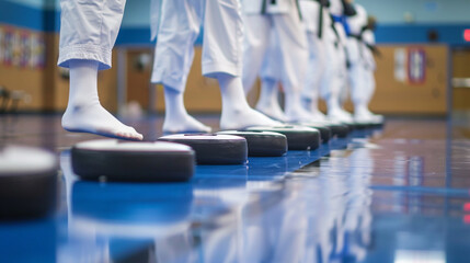 A row of taekwondo sparring pads lined up on a gym floor, with students practicing kicks and punches under the watchful eye of their instructor and the spirit of discipline 