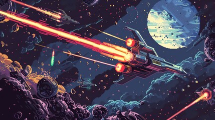 A thrilling space battle between spaceships and asteroids