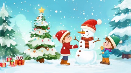 in front of the Christmas tree children build a snowman, children's illustration AI generated