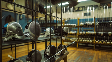 A set of fencing foils and masks arranged on a display rack in a fencing salle, with the sound of blades clashing and the swift footwork of fencers as they engage in a duel of skill and strategy