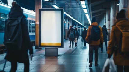 Fototapeta premium Within the confines of a busy train station, the creative white blank mockup serves as an informative platform, white blank poster billboard Sharpen with large copy space