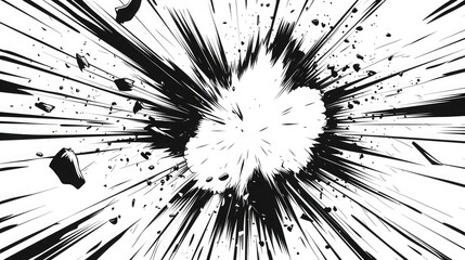 Comic Boom. Explosion,Comic Boom. Black Explosion on White Background.Speed lines in frame for manga comics book. Radial motion background. Monochrome explosion and flash glow