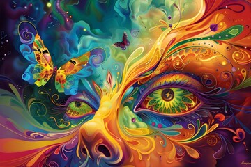 Vibrant Psychedelic Butterfly Eye A Transcendent Digital Artwork Exploring the Depths of the Imagination