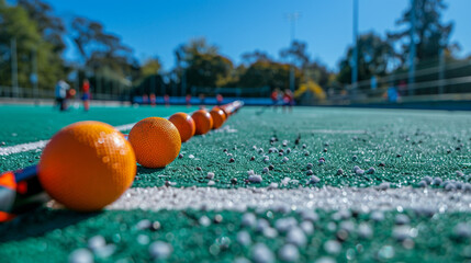 A set of field hockey sticks and balls laid out on the sidelines of a field hockey field, with teams warming up and strategizing before a fast-paced match filled with skillful dribbles 