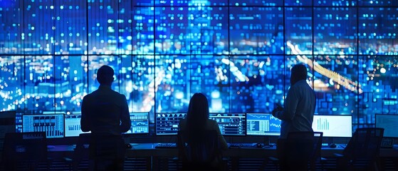 A control room with large monitors and many computers. of the 3 businessmen. Generative Ai