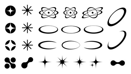 Abstract and basic shape icon collection. Geometric y2k style element shape. Polygonal elements. Modern trendy minimalist basic figures, spark, circles, hexagon, star, flat style. Vector illustration