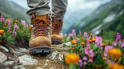 Man hiking up a mountain trail with a close-up of his leather hiking boots