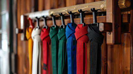 A set of martial arts belts displayed on a wooden rack in a dojo, with the colors representing the progression of students from white to black belt and the spirit of discipline and respect inherent