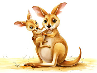  Cute cartoon drawing of a kangaroo mother and baby