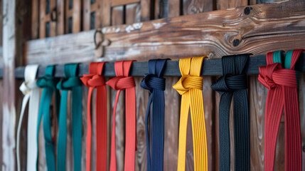 A set of martial arts belts displayed on a wooden rack in a dojo, with the colors representing the progression of students from white to black belt and the spirit of discipline and respect inherent
