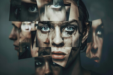 Conceptual portrait with woman surrounded by his multiple personalities. Depressed person with multiple personality disorder