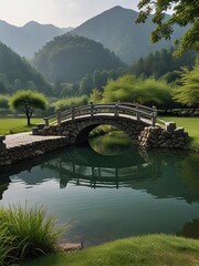 Obraz premium A traditional Japanese garden in a park features a red-lacquered pavilion reflecting on a still pond