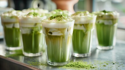 A stylish display of iced matcha lattes, each glass topped with a frothy layer and a sprinkle of matcha powde