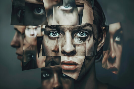 Conceptual portrait with woman surrounded by his multiple personalities. Depressed person with multiple personality disorder