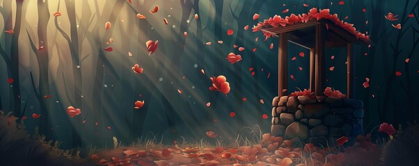 Petals falling on a wishing well