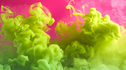 A vibrant display of smoke in lime green and hot pink, offering a playful and whimsical abstract that is visually striking.