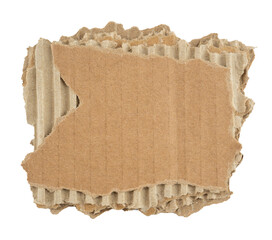 A realistic graphic element featuring a rectangular piece of torn brown cardboard paper, complete...