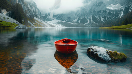 A red boat sits in a lake surrounded by mountains