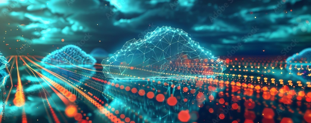Poster visualize the flow of data through networks and cloud servers, representing the interconnectedness o