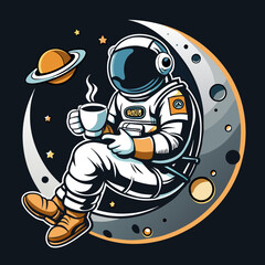 Astronaut sitting on the moon while holding a cup of coffee t-shirt and apparel trendy design with simple typography, good for t-shirt graphics, poster, print and other uses. Vector illustration stock