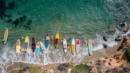 A colorful array of stand-up paddleboards lined up on a sandy shore, with paddlers gearing up for a leisurely paddle along the coastline and the promise of stunning views and peaceful moments 