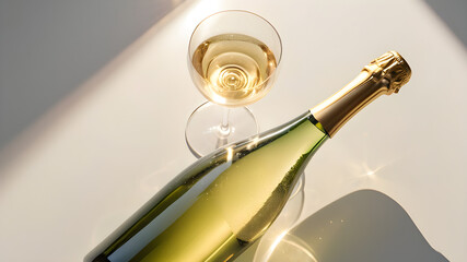 Top view white sparkling wine bottle and glass wine with sun shadow and glare on light white background Flat lay golden champagne bottle Summer