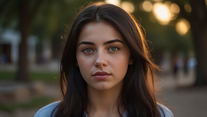Photorealistic Portrait: 25-Year-Old Turkish Woman with Long Black Hair and Blue Eyes in Soft Sunlight.