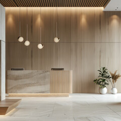 Front view of a white reception desk with two laptops standing on it in front of a wooden office wall. There is a grass wall seen through a wall opening. 3d rendering, mock up
