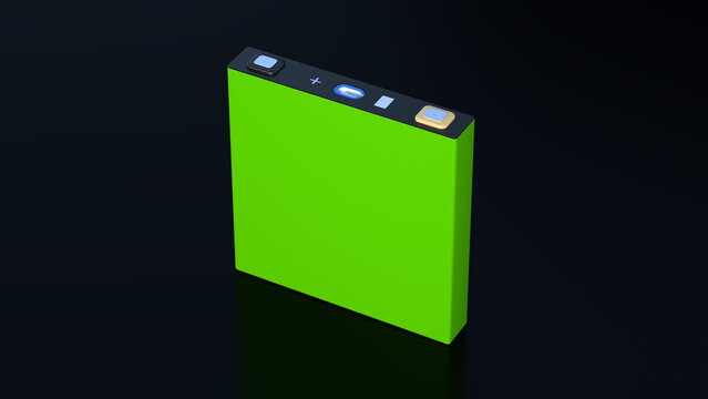 green prismatic cell, rectangular lithium ion phosphate LFP battery for modern electric vehicles and energy storage, 3d rendering