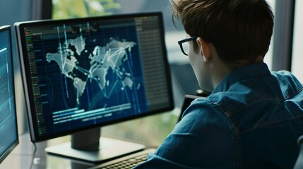 Cybersecurity professional monitoring a virtual private network, close-up on screen with VPN status, office setting 