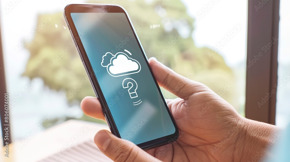 Poster smartphone app connecting to cloud data, close-up on hand holding phone, screen showing cloud sync s
