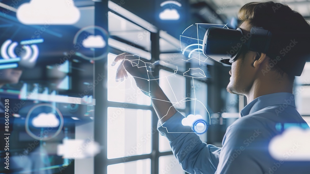 Poster engineer using virtual reality headset to interact with cloud infrastructure, close-up, vr icons flo
