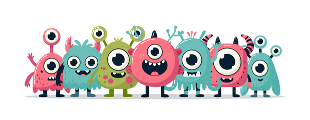 Multicolored cartoon monsters set with cheerful creatures for prints on clothing, book illustrations, childrens storybooks, educational posters. Cartoon monster collection with cute funny characters.