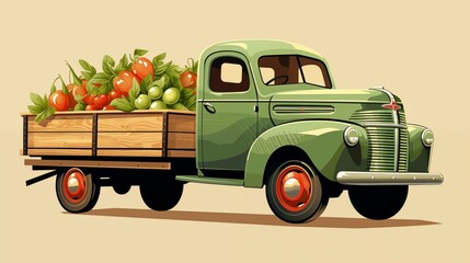 Vintage farm truck carrying fresh vegetables portrayed in a nostalgic vector image.