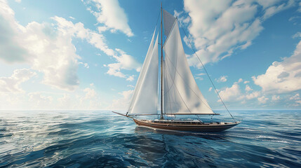sailboat gliding gracefully across the open ocean, with billowing sails catching the wind and the horizon stretching out to infinity, offering a sense of freedom and exploration vast expanse water.