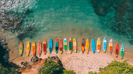 A colorful array of stand-up paddleboards lined up on a sandy shore, with paddlers gearing up for a leisurely paddle along the coastline and the promise of stunning views and peaceful moments 
